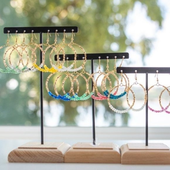 Blue Apatite Sparkly Gold Hoop Earring Fun dangle party earring vacation jewelry - Picture 5 of 8